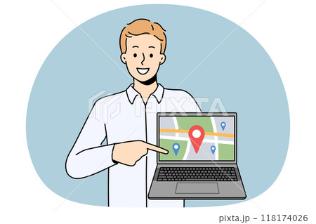 Smiling man show GPS tracker on map on computer 118174026