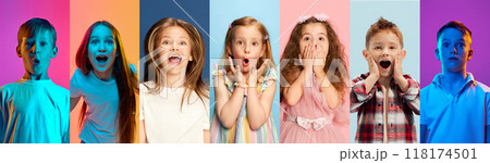 Banner. Collage made of active kids' portraits with playful expressions in vibrant colored lighting highlights their joyful, energetic emotions. Banner. Collage made of active kids' portraits with playful expressions in vibrant colored lighting highlights their joyful, energetic emotions. 118174501