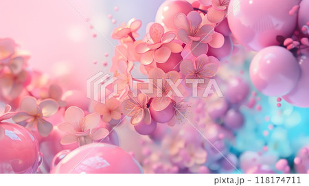 Pastel pink flowers and bubbles. Generative AI 118174711