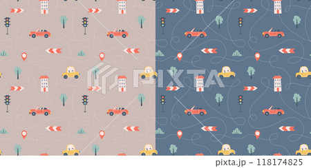 Kids seamless pattern with car, bus and road. Perfect for fabric , digital paper, cards. Kids seamless pattern with car, bus and road. Perfect for fabric , digital paper, cards. 118174825