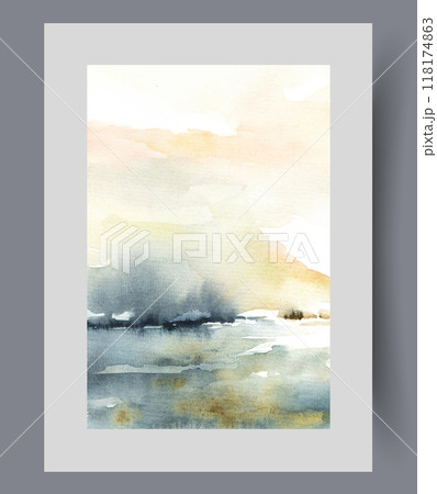 Morning nature with bright sunny sky over lake and coast on horizon, on abstract watercolor poster 118174863