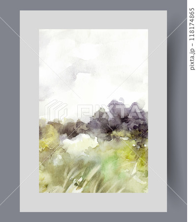 Green meadow on edge of forest or garden with trees, under sunny sky, on watercolor vertical poster Green meadow on edge of forest or garden with trees, under sunny sky, on watercolor vertical poster 118174865