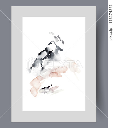 Minimalistic mountain landscape with single rock peak, in watercolor vertical painting 118174881