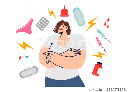 Menstruation cycle causes bad mood in woman standing among medicines and feminine hygiene products Menstruation cycle causes bad mood in woman standing among medicines and feminine hygiene products 118175128