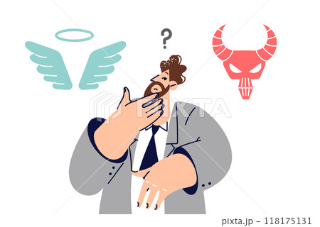 Choice between good and evil for business man trying to make decisions about management methods 118175131