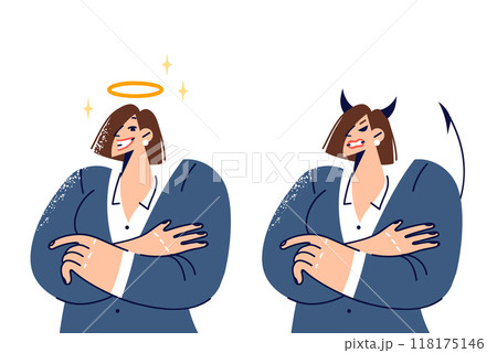 Emotional imbalance in business woman experiencing joy and anger towards surrounding world 118175146
