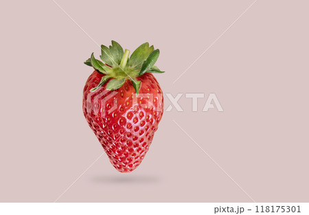 Juicy single strawberry on a pink background close up. Farm ripe healthy berries.  118175301