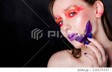 Woman with Butterfly and Colorful Makeup 118175337