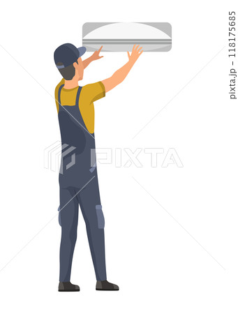 Air conditioner service technician working, flat vector illustration isolated on white background. Cooling system repair, cleaning, maintenance and installation. 118175685