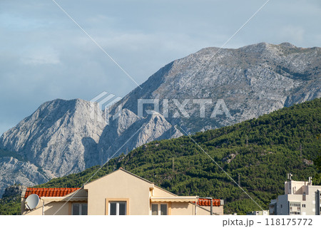 View of the Biokovo mountain range of the Dinaric Alps from Makarska riviera, Adriatic coast of Croatia View of the Biokovo mountain range of the Dinaric Alps from Makarska riviera, Adriatic coast of Croatia 118175772
