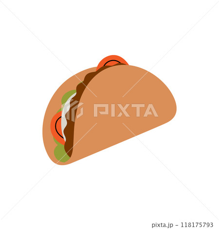Taco tortilla with meat with vegetables. Traditional Mexican street fast food. Vector illustration. Taco tortilla with meat with vegetables. Traditional Mexican street fast food. Vector illustration. 118175793