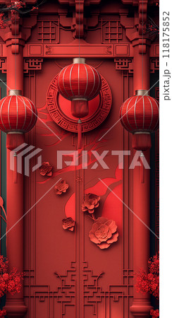 Red Chinese New Year paper cut with lanterns, floral decorations background. Generative AI 118175852