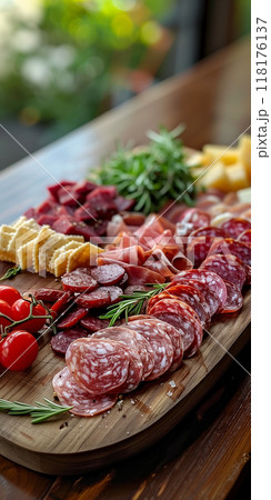 Charcuterie Board with Mixed Meats, Cheese, Grapes, Olives, and Cherry Tomatoes, cold cuts meat, banner 118176137