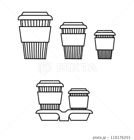 Coffee cup line and flat style. Disposable coffee cup. Coffee paper cup container for hot and cold drink juice tea cocoa. Vector 118176201
