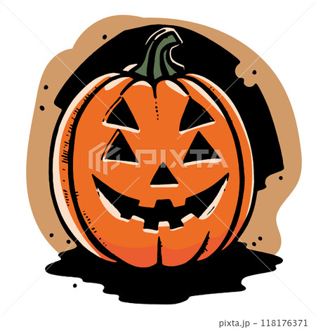 Spooky pumpkin icons and stickers for Halloween theme. Vector illustration malenica jack lantern pumpkin in cartoon style as an icon or sticker 118176371