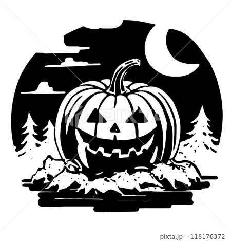 Spooky pumpkin icons and stickers for Halloween theme. Vector illustration malenica jack lantern pumpkin in cartoon style as an icon or sticker Spooky pumpkin icons and stickers for Halloween theme. Vector illustration malenica jack lantern pumpkin in cartoon style as an icon or sticker 118176372
