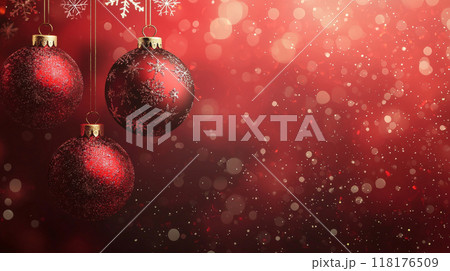 This vibrant red Christmas background features four elegant hanging Christmas balls and delicate snowflakes, creating a festive atmosphere. Generative AI This vibrant red Christmas background features four elegant hanging Christmas balls and delicate snowflakes, creating a festive atmosphere. Generative AI 118176509