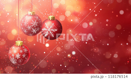 This vibrant red Christmas background features four elegant hanging Christmas balls and delicate snowflakes, creating a festive atmosphere. Generative AI This vibrant red Christmas background features four elegant hanging Christmas balls and delicate snowflakes, creating a festive atmosphere. Generative AI 118176514