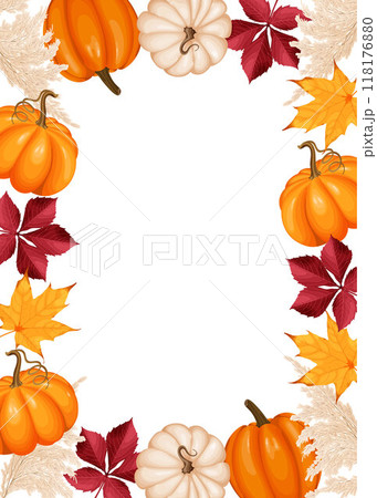 Autumn-themed vector illustration of a frame with pumpkins, leaves, and decorative elements. Autumn-themed vector illustration of a frame with pumpkins, leaves, and decorative elements. 118176880
