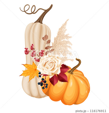Autumn bouquet with pumpkins, rose, dry reeds, berries and leaves of wild grapes and maple leaves, pea flowers. Vector illustration. 118176911