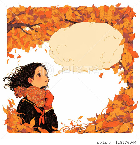 紅葉とマフラーを巻いた女の子と吹き出し 118176944