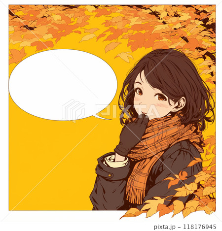 紅葉とマフラーを巻いた女の子と吹き出し 118176945