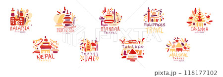 Travel Time Original Label Design with Destination Country Vector Set 118177102