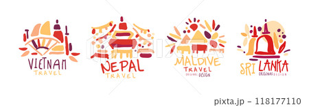 Travel Time Original Label Design with Destination Country Vector Set 118177110