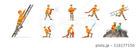 Man Firefighter Character Engaged in Rescue Operation Vector Set 118177150