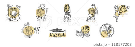 Jazz Club Logo Design with Hand Drawn Element Vector Set 118177208