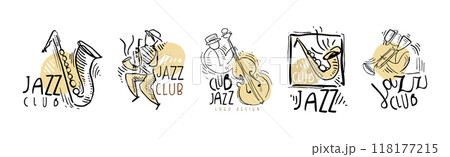 Jazz Club Logo Design with Hand Drawn Element Vector Set 118177215