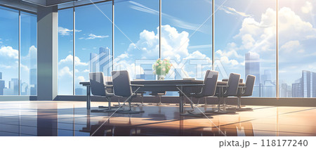 Bright conference room with flowers and city view Bright conference room with flowers and city view 118177240