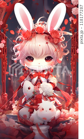 Fantasy white rabbit with magical attire among flowers 118177287