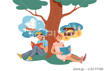 Children reading books about sailing and treasure image 118177390