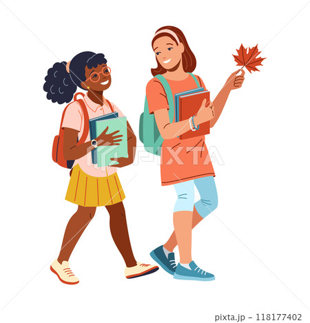 Girl holds leaf walking with friend flat vector illustration 118177402