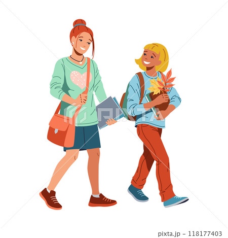 Happy girl with elder sister going to school illustration 118177403