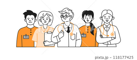 Medical staff team doodle line and color illustration Medical staff team doodle line and color illustration 118177425