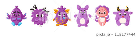Surreal purple monsters characters flat vector icon set 118177444