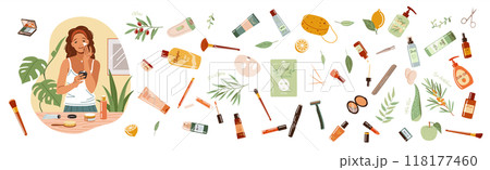 Woman applies moisturizing cream at home flat illustration 118177460