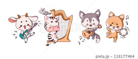 Charming Kawaii animals musicians icons on white background Charming Kawaii animals musicians icons on white background 118177464