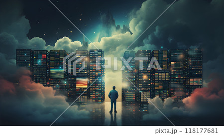 Man standing before vast cityscape, dreamy background 118177681