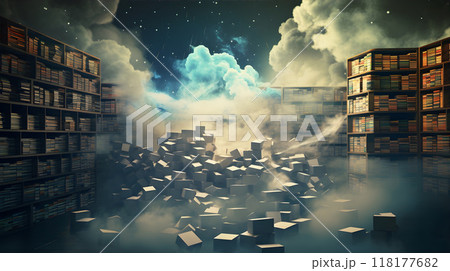 Library with clouds and books, surreal floating boxes 118177682