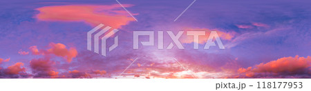 360 panorama of glowing sunset sky with bright pink Cumulus clouds. HDR 360 seamless spherical panorama. Full zenith or sky dome sky replacement for aerial drone panoramas. Climate and weather change. 118177953