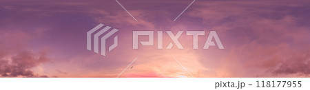 360 panorama of glowing sunset sky with bright pink Cirrus clouds. HDR 360 seamless spherical panorama. Full zenith or sky dome sky replacement for aerial drone panoramas. Climate and weather change. 360 panorama of glowing sunset sky with bright pink Cirrus clouds. HDR 360 seamless spherical panorama. Full zenith or sky dome sky replacement for aerial drone panoramas. Climate and weather change. 118177955