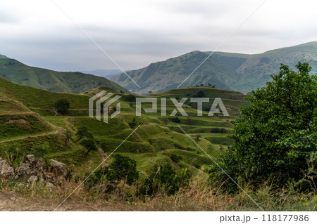 Chokhsky terraces Dagestan. Landscape of mountainous Dagestan with terraced fields and peaks mountains in the distance. Chokhsky terraces Dagestan. Landscape of mountainous Dagestan with terraced fields and peaks mountains in the distance. 118177986