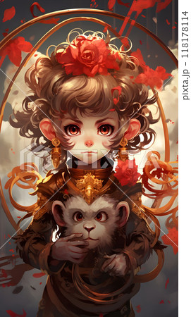 Elegant figure with ornate decor and red accents Elegant figure with ornate decor and red accents 118178114