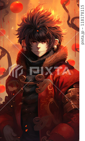Fiery character with spiky hair in a dynamic setting 118178115
