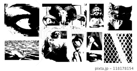 Set of y2k grunge elements. Eyes and mouth and shapes in grain photocopy texture. Brutal and brutalism punk halftone. Vector pack of vintage graphic. Black color isolated on white background 118178154