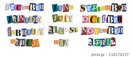Set of crapbook month with cutout collage paper font. Letter stickers for stories. Trendy story date. Isolated as png note elements. Vector illustration Set of crapbook month with cutout collage paper font. Letter stickers for stories. Trendy story date. Isolated as png note elements. Vector illustration 118178157