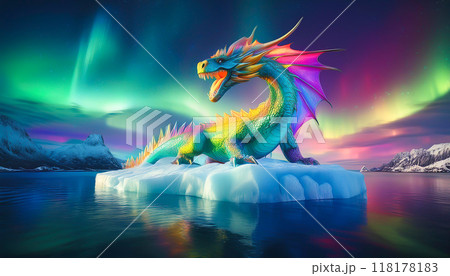 氷山の上に立つレインボードラゴン 118178183